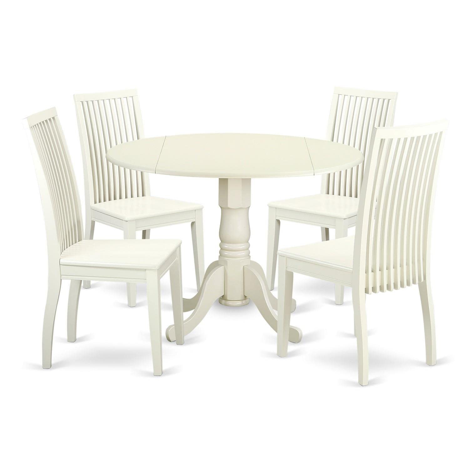 East West Furniture Dlip5-Lwh-W 5 Piece Kitchen Table & Chairs Set Includes A Round Dining Table With Dropleaf And 4 Dining Room Chairs, 42X42 Inch, Linen White