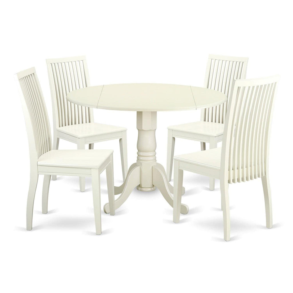 East West Furniture Dlip5-Lwh-W 5 Piece Kitchen Table & Chairs Set Includes A Round Dining Table With Dropleaf And 4 Dining Room Chairs, 42X42 Inch, Linen White