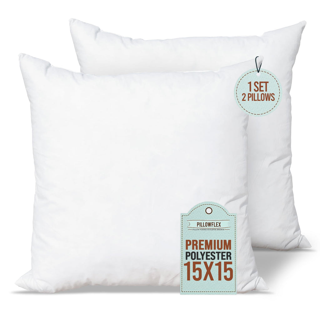 Pillowflex Set of 2 (15x15) Premium Polyester Pillow Inserts - European Square Pillow Forms, Machine Washable, Sham Pillow Inser