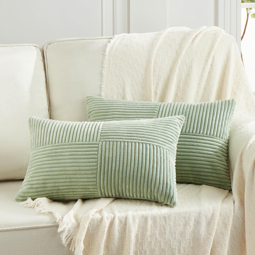 Fancy Homi 2 Packs Sage Green Lumbar Decorative Throw Pillow Covers 14X24 Inch For Couch Bed, Rustic Farmhouse Boho Home Decor,