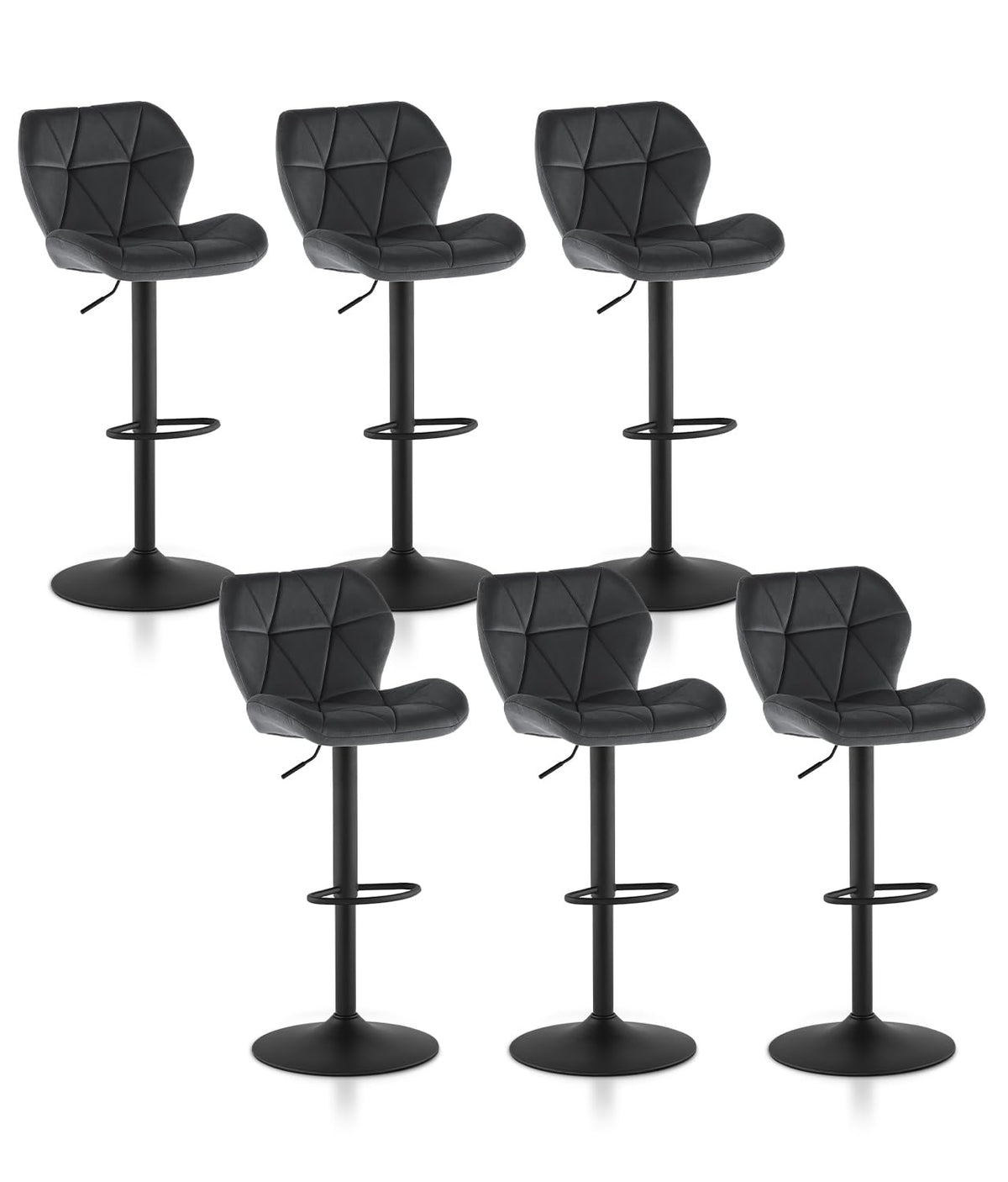 Tukailai Velvet Bar Stools Set Of 6 Height Adjustable Swivel Stools For Breakfast Upholstered Salon Island Counter Chairs High Dining Stools With Footrest, Metal Matt Base, Gas Lift (Grey)