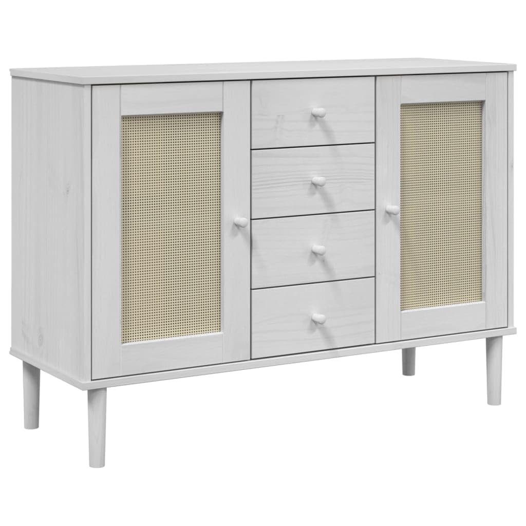 vidaXL SENJA Rattan Look Sideboard in White - Solid Pine Wood with UV Varnished Finish, with Drawers and Compartments for Home Storage