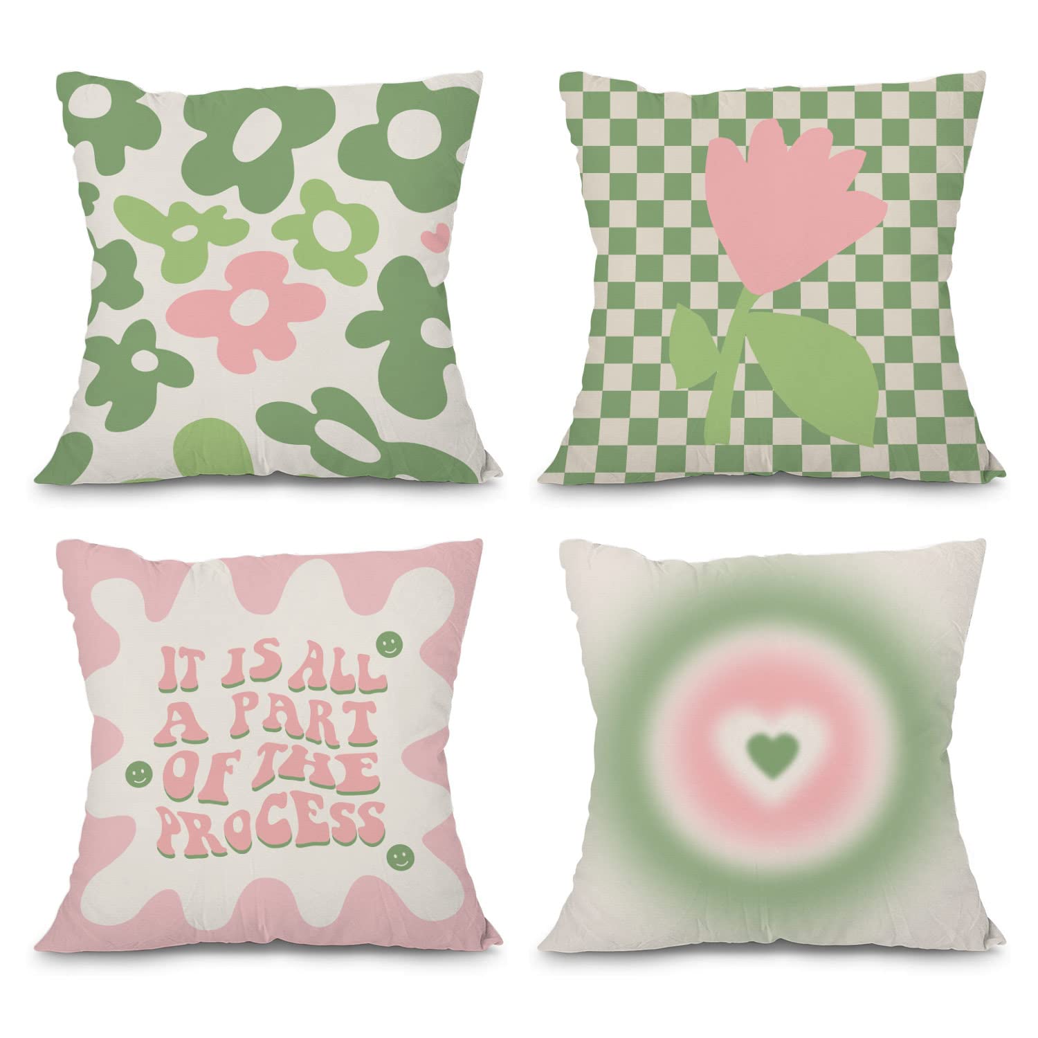Heilkee Danish Pastel Room Decor Aesthetic Sage Green And Pink Throw Pillow Covers Set Of 4 Decorative Pillowcase Trendy Square