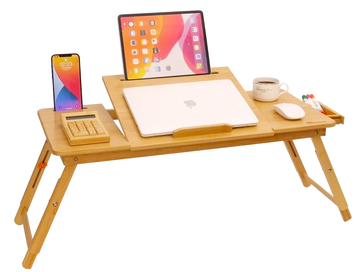 Laptop Desk For Bed, Coiwai Bamboo Lap Desk With Tablet Slot Adjustable Height Angle Foldable Storage Drawer Portable Tray Table