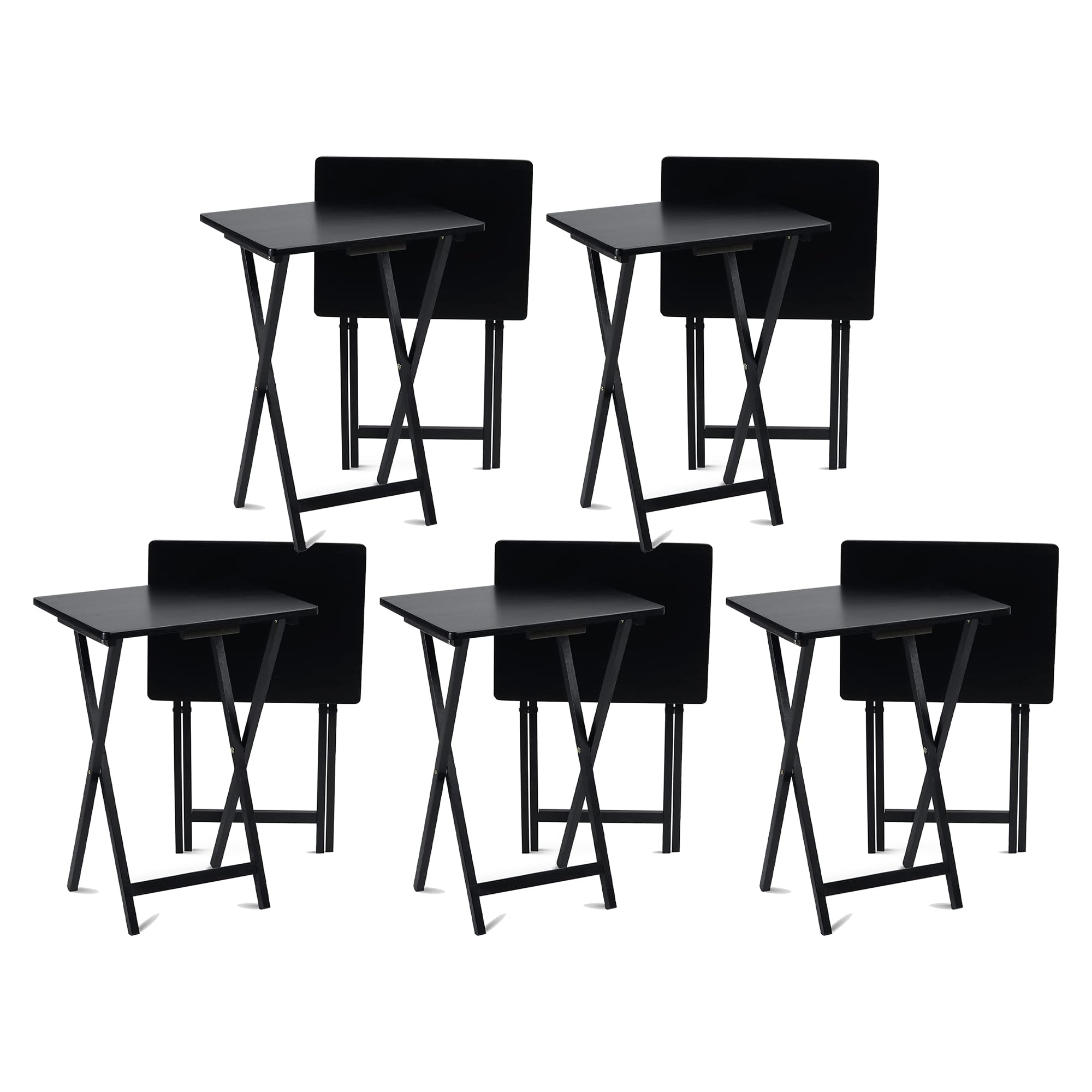 Pj Wood Conventional Solid And Sturdy Wood Construction Portable Folding Tv Snack Tray Table Desk Serving Stand, Black (10-Piece Set)
