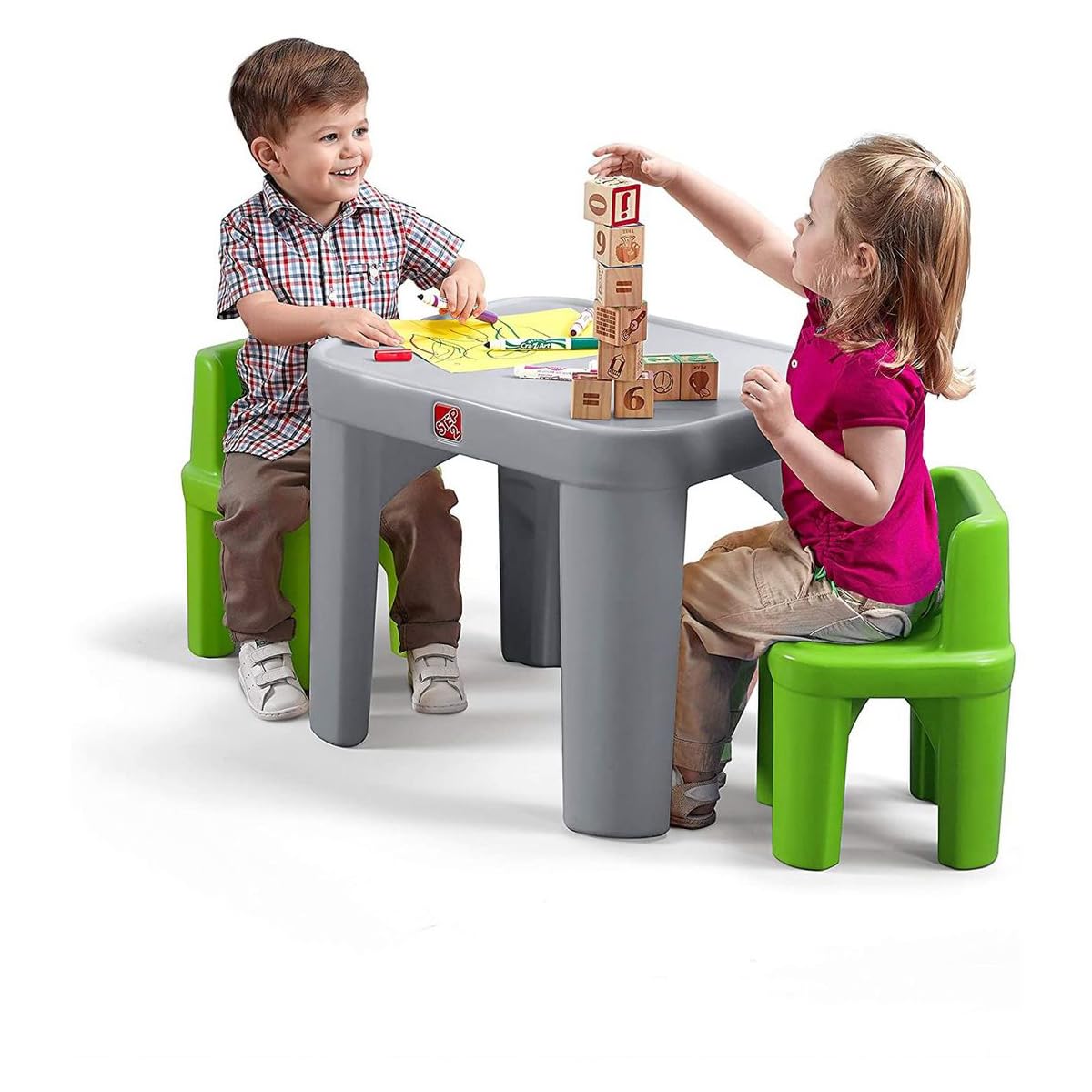 Step2 Mighty My Size Kids Table and Chair Set, Playroom Toddler Activity Table, Arts and Crafts, Ages 2+ Years Old, Gray & Green