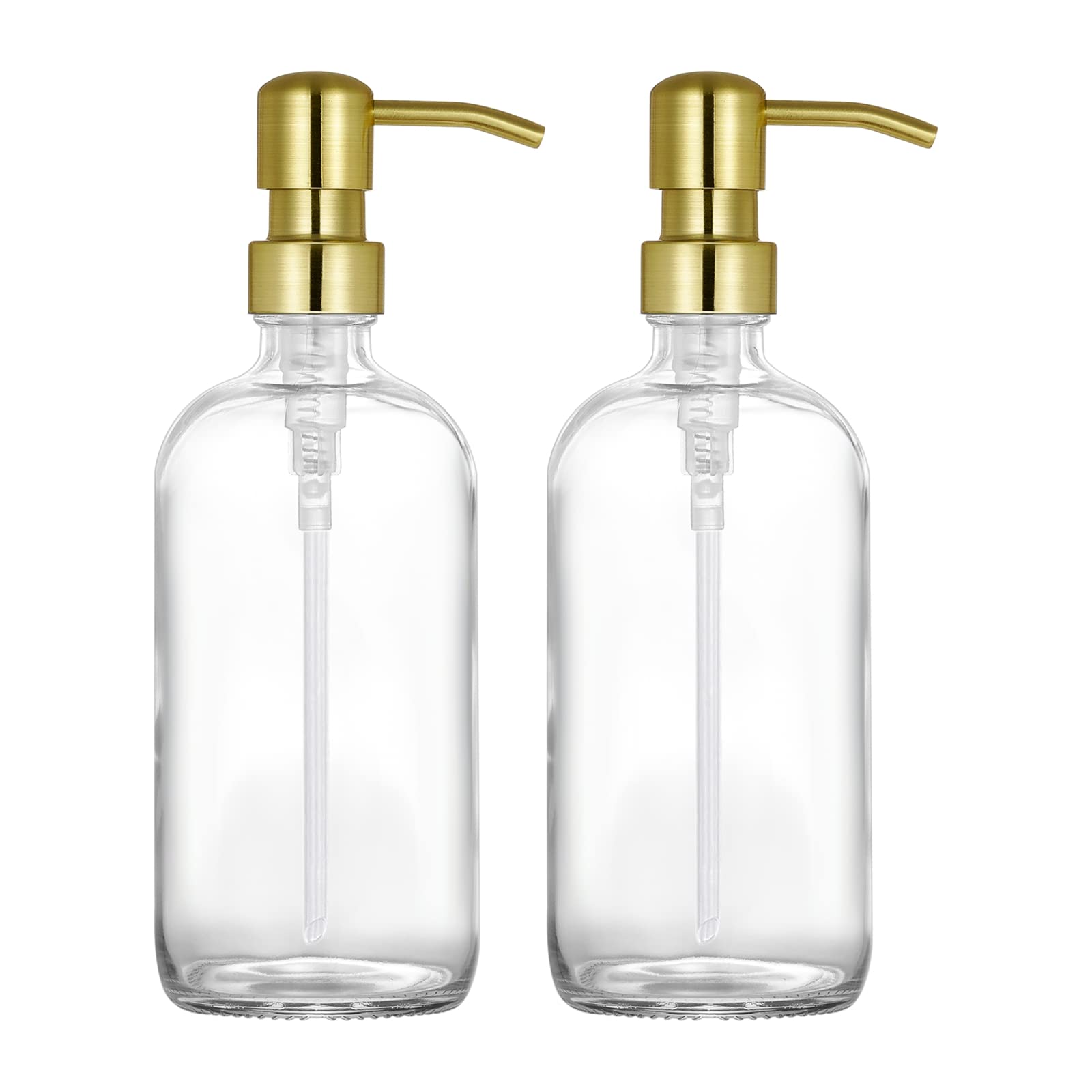 2 Pack Thick Clear Glass Pint Hand Soap Dispenser Bathroom with Gold Stainless Steel Pump, 16ounce Clear Boston Round Bottles Di
