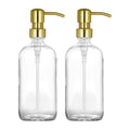 2 Pack Thick Clear Glass Pint Hand Soap Dispenser Bathroom with Gold Stainless Steel Pump, 16ounce Clear Boston Round Bottles Di