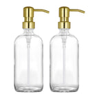 2 Pack Thick Clear Glass Pint Hand Soap Dispenser Bathroom with Gold Stainless Steel Pump, 16ounce Clear Boston Round Bottles Di