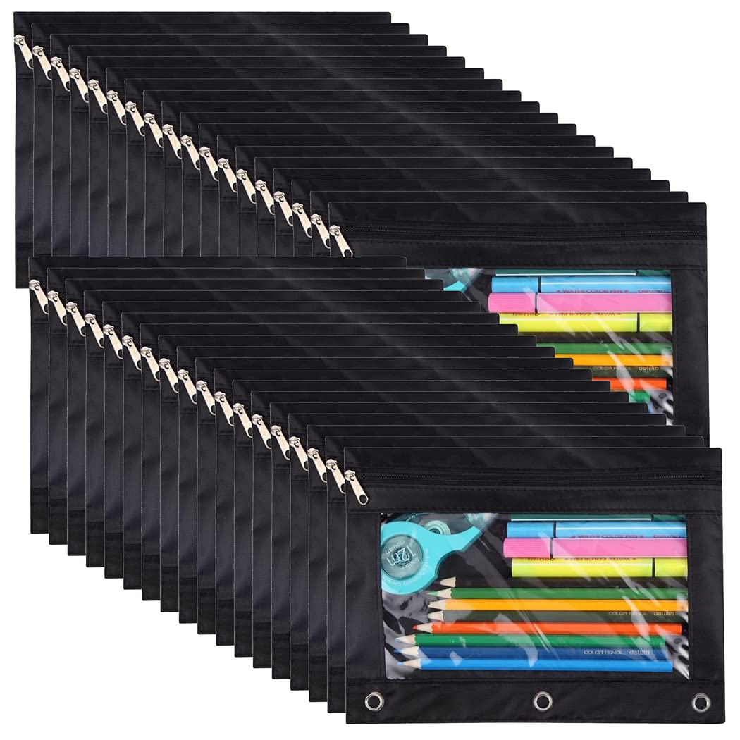 Yoeejob 36 Pack 3 Ring Binder Pencil Pouch With Clear Window, Clear Zipper Pencil Case Bulk Suitable For School And Office(Black