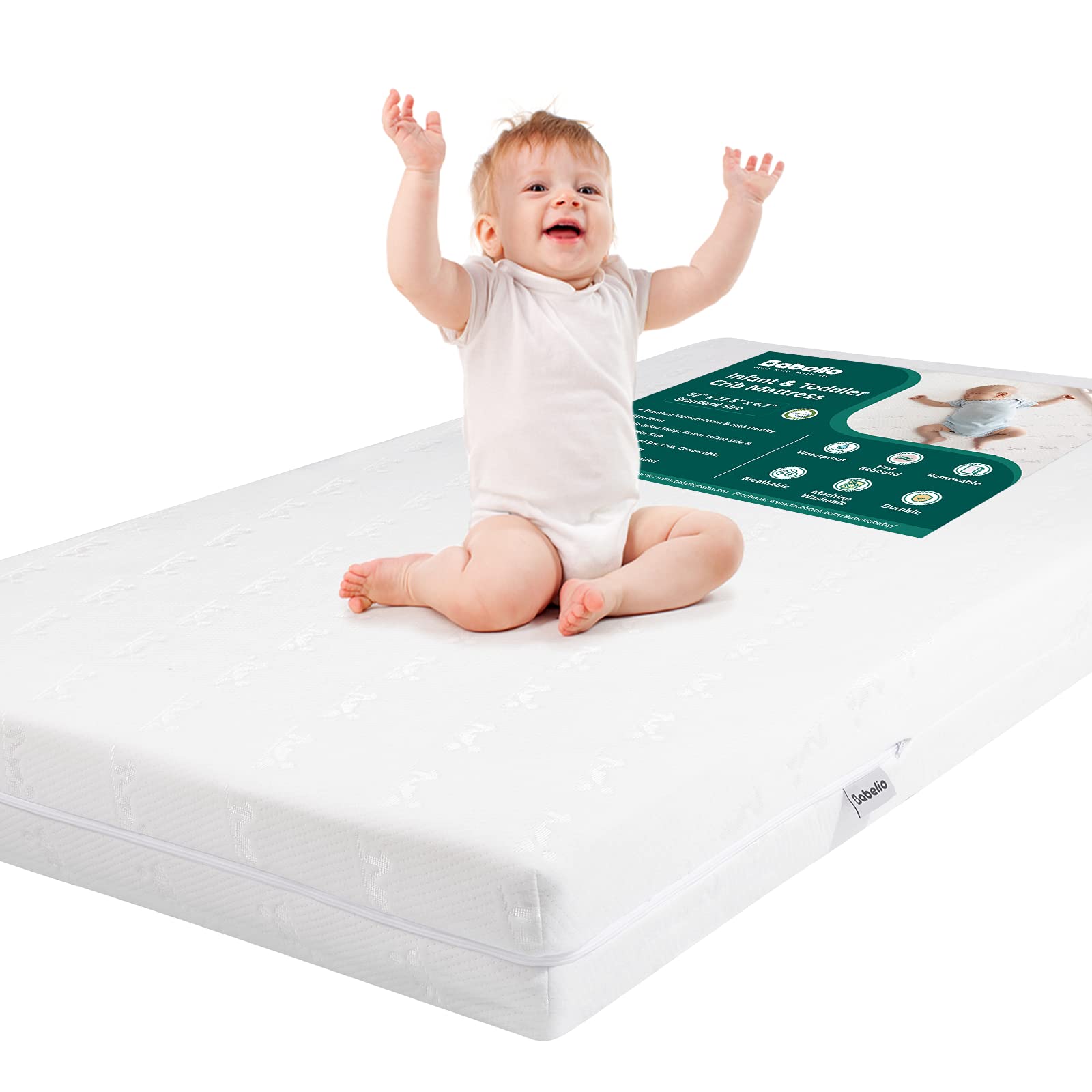 Babelio Breathable Crib Mattress, Dual-Sided, Memory Foam, Waterproof, Removable And Machine-Washable Cover, For Toddler And Bab