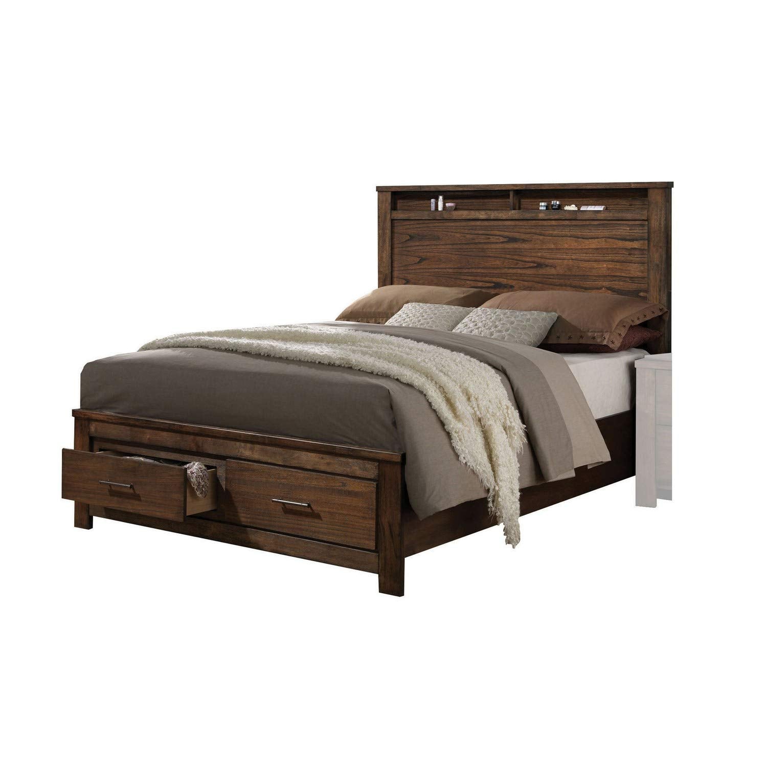 Benjara Wooden Eastern King Size Bed with Open Shelves and Drawers, Brown