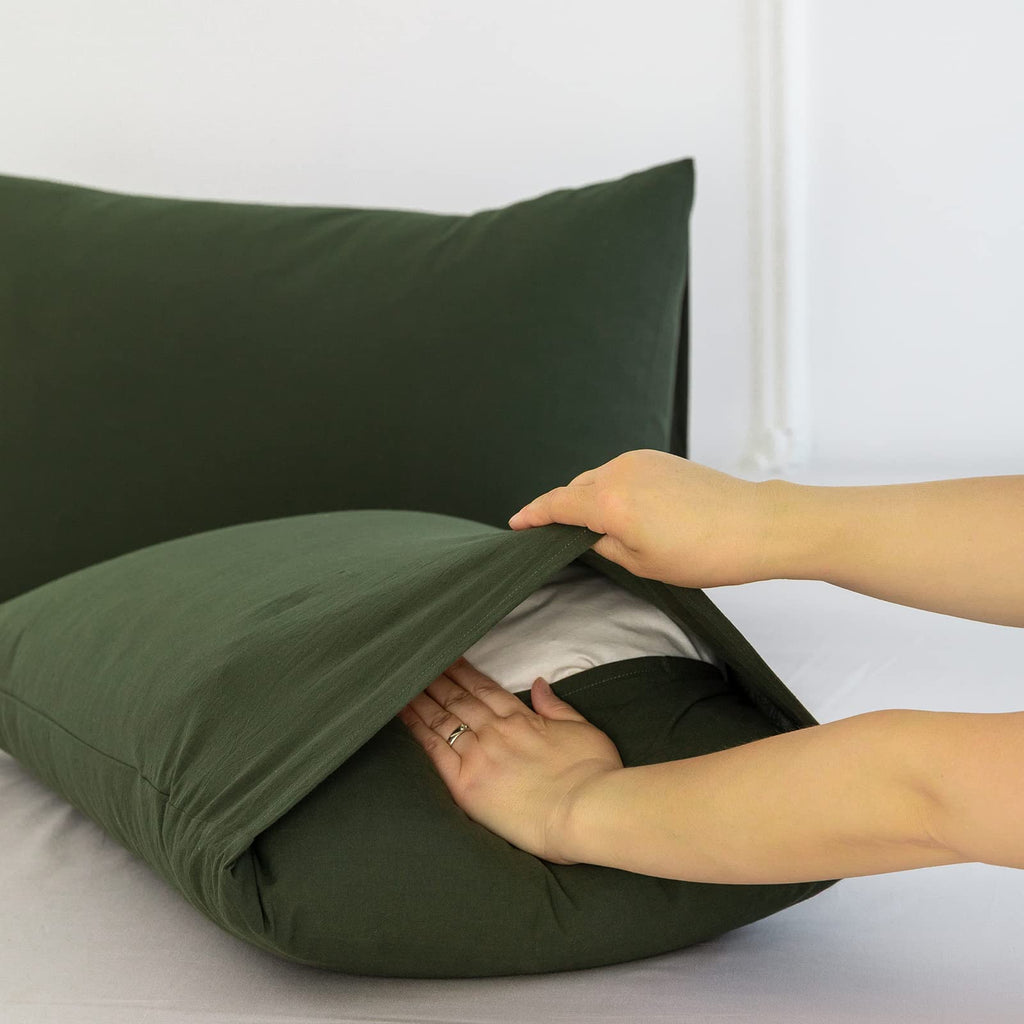 Moomee Bedding Pillowcases Pack Of 2 100% Washed Cotton Linen Like Textured Breathable Durable Soft Comfy (Olive Green, Standard