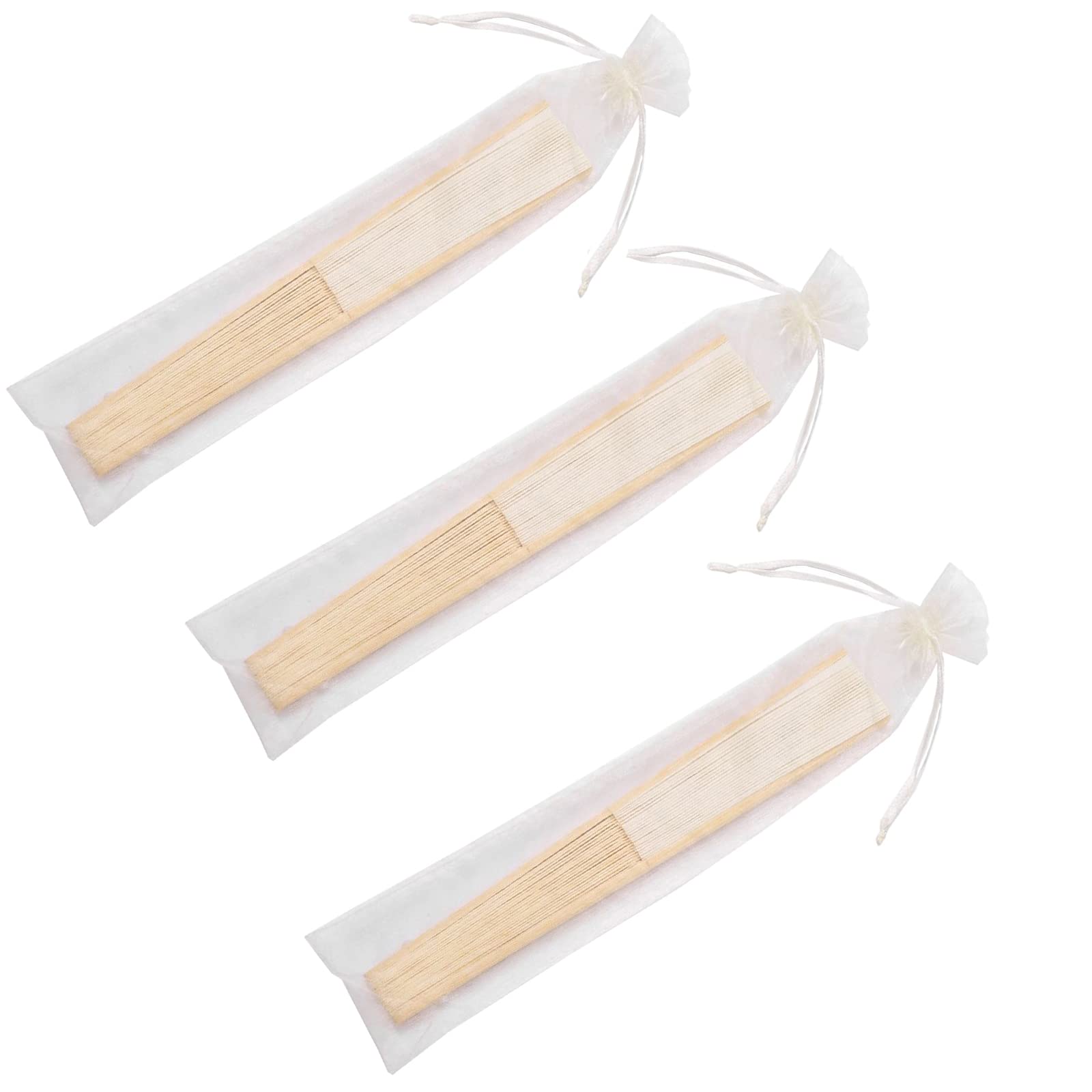Sl Crafts 50Pcs Paper Hand Fan With Organza Bags Bamboo Handheld Folding Fan Decorative Paper Fan Wedding Party Favors (Cream)