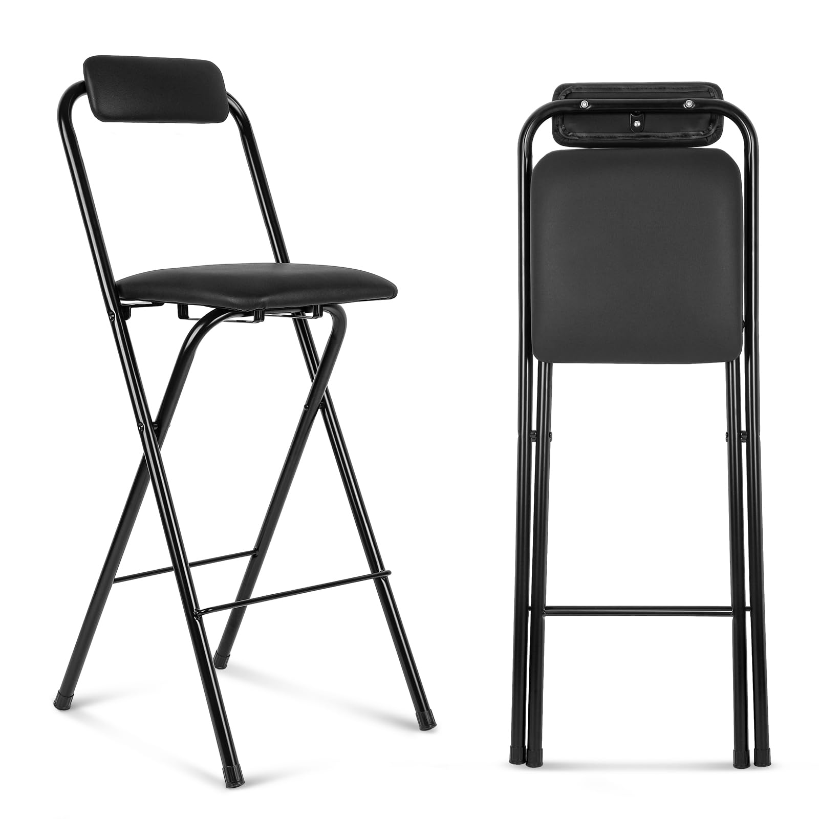 Thyle Folding Bar Stool With Backrest, Leather Padded Counter Height Foldable Stool, Portable Folding Stool Tall Bar Stools For Outdoor Camping Kitchen Shop Cafe, Black (1 Pcs, 25.5 Inch)