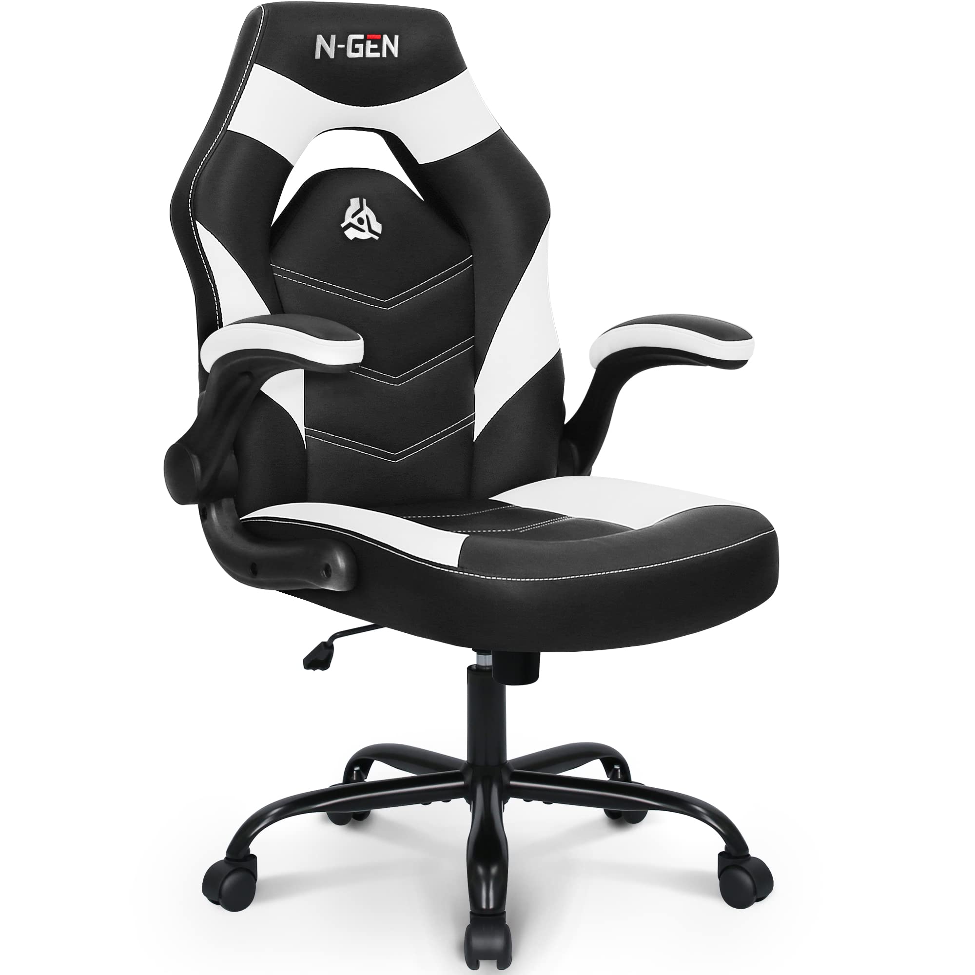N-Gen Video Gaming Computer Chair Ergonomic Desk Office Chair For Adults With Lumbar Support Flip-Up Arms Adjustable Height Swivel Wheels Pu Leather Executive Design For Home And Office (White)