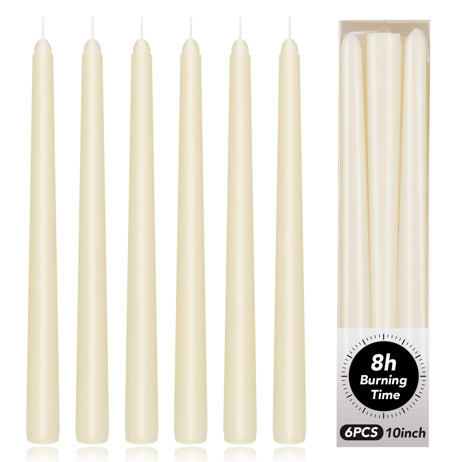 KORCCI Ivory Taper Candles, 10 Inches - Pack of 6, 8 Hours Burn Time, Smokeless, Unscented, Dripless, Ideal for Weddings, Birthd
