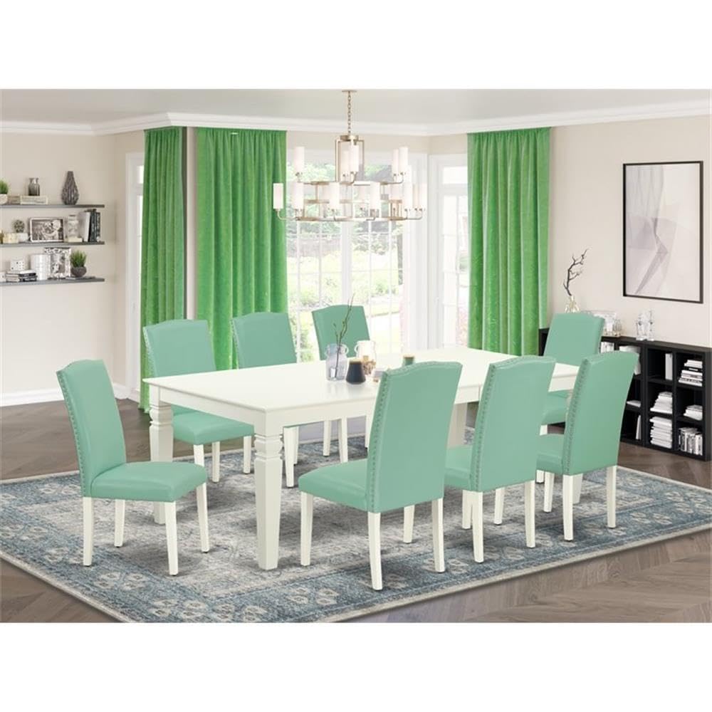 East West Furniture Lgen9-Lwh-57 9 Piece Modern Dining Table Set Includes A Rectangle Wooden Table With Butterfly Leaf And 8 Pond Faux Leather Upholstered Chairs, 42X84 Inch, Linen White