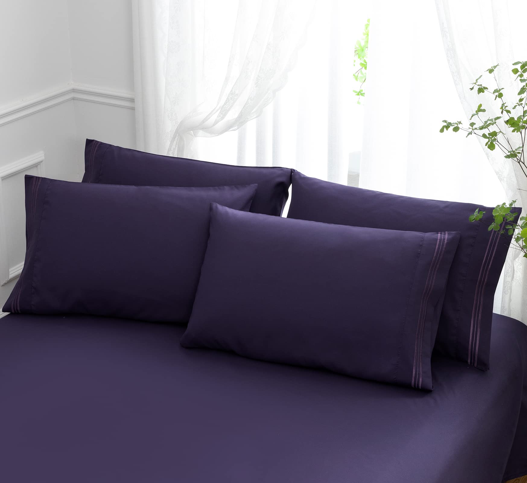 Aormenzy Microfiber Pillow Cases - King Size Set Of 4-1800 Thread Count Ultra Soft Purple Pillowcases - Wrinkle Resistant Pillow
