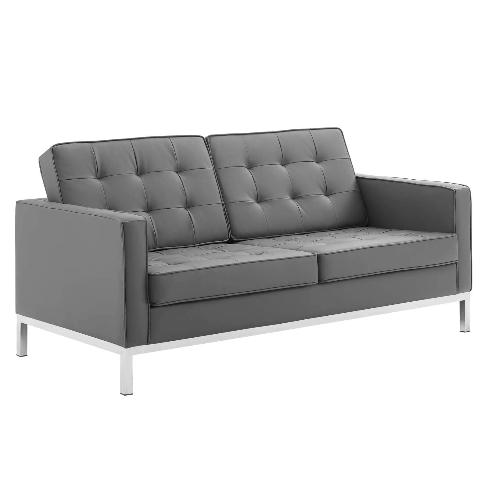 Modway Loft Tufted Button Faux Leather Upholstered Loveseat in Silver Gray