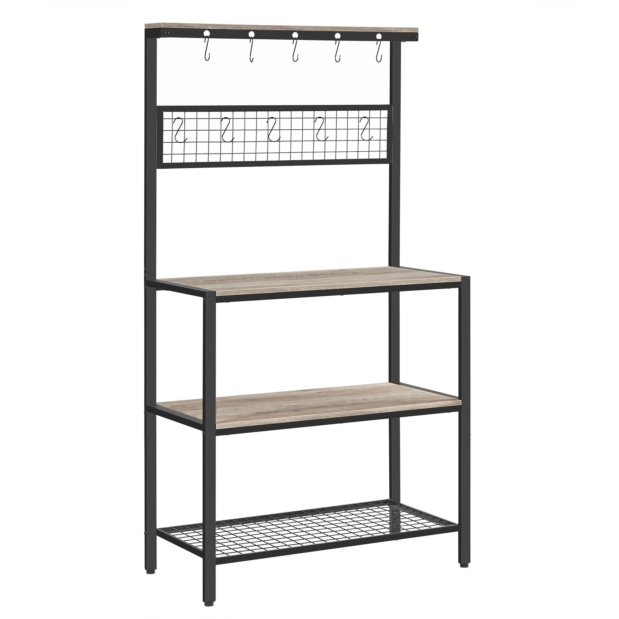 VASAGLE Bakers Rack, Coffee Bar, Kitchen Storage Shelf Rack with 10 Hooks, 3 Shelves, Adjustable Feet, for Microwave Oven, 15.7 
