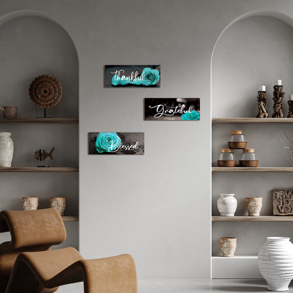 Hillban 3 Pieces Rose Wooden Wall Decor Thankful Grateful Blessed Wooden Signs Inspirational Wall Art Signs Wedding Wall Decor F