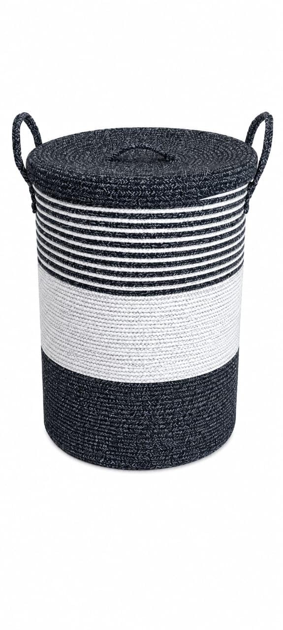 Cotton Rope Laundry Basket with Lid, Black & White Woven