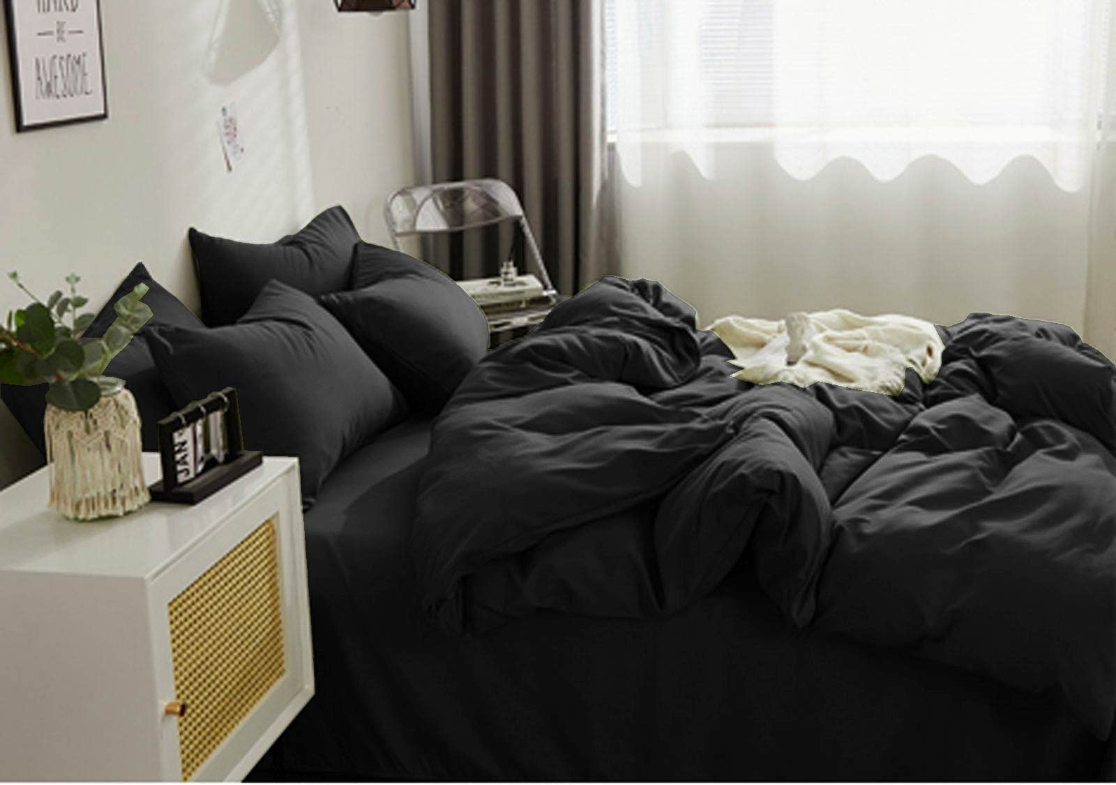 Nanko Queen Size Comforter Set Dark Black, All Season Soft Reversible Down Alternative Quilted Duvet Insert, Thin Lightweight Be