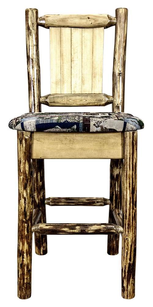 Montana Woodworks Glacier Country Collection Barstool with Upholstered Seat, Woodland Pattern, Laser Engraved Moose Design, Stained & Lacquered