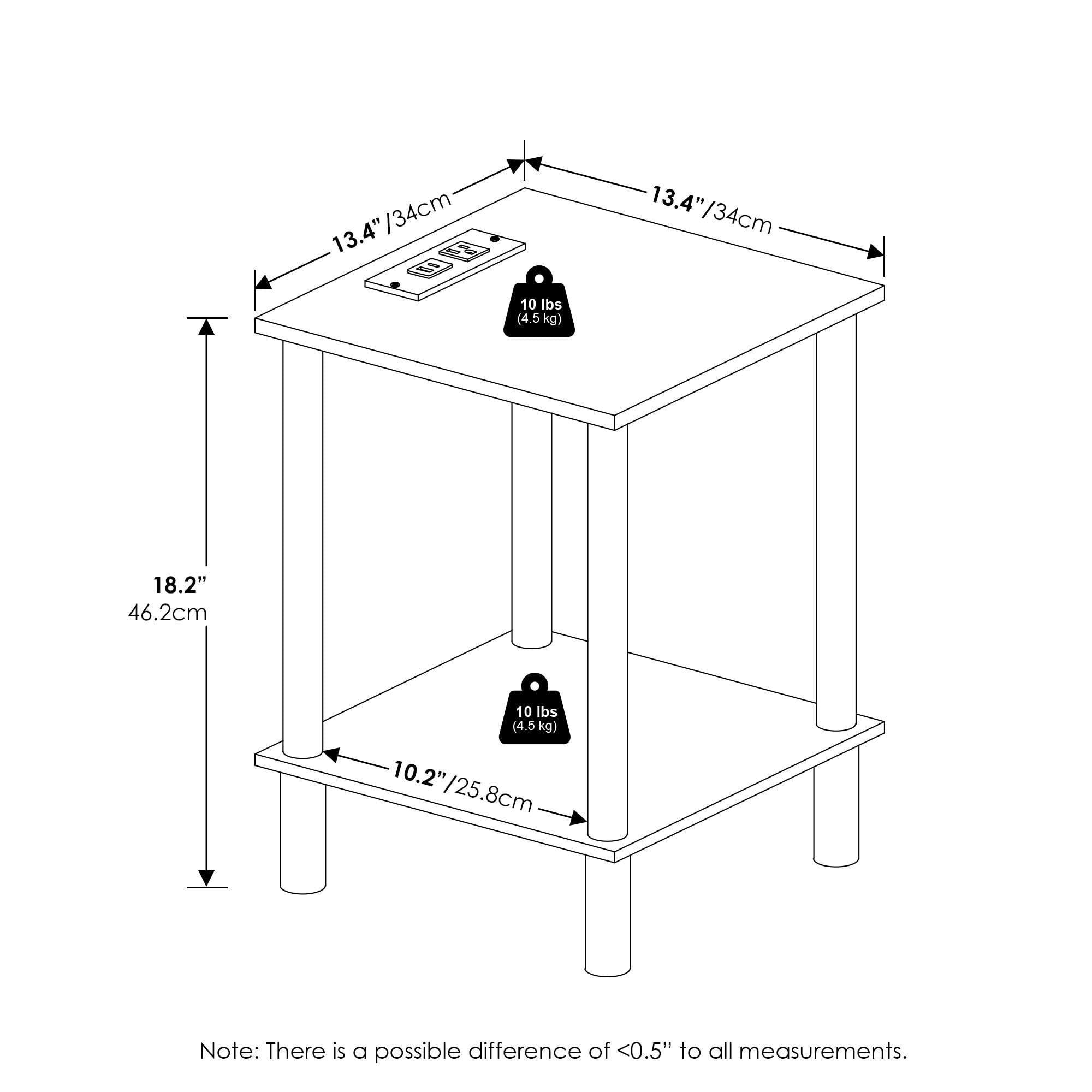Furinno Turn-N-Tube 2-Tier Side Table, End Table with USB and Type-C Charging Port, White/White