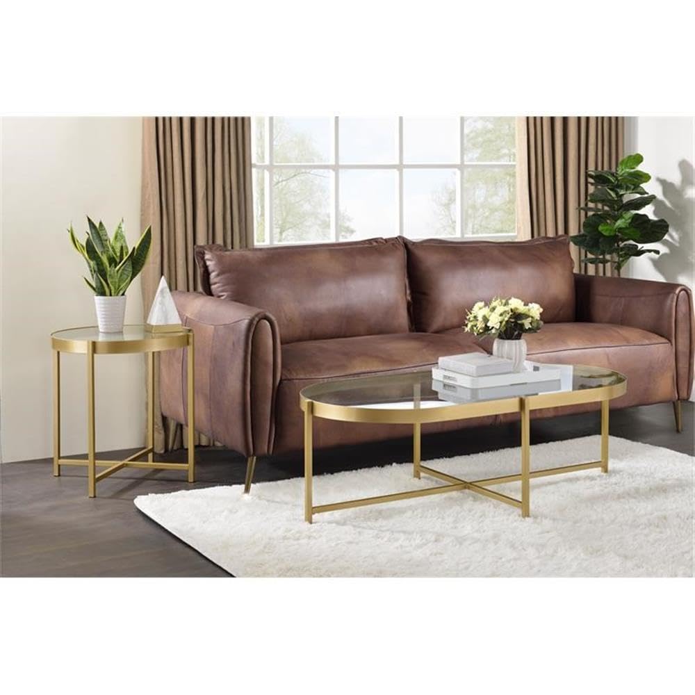 Acme Charrot Glass Top Coffee Table With Cross Bar Base In Clear Glass And Gold