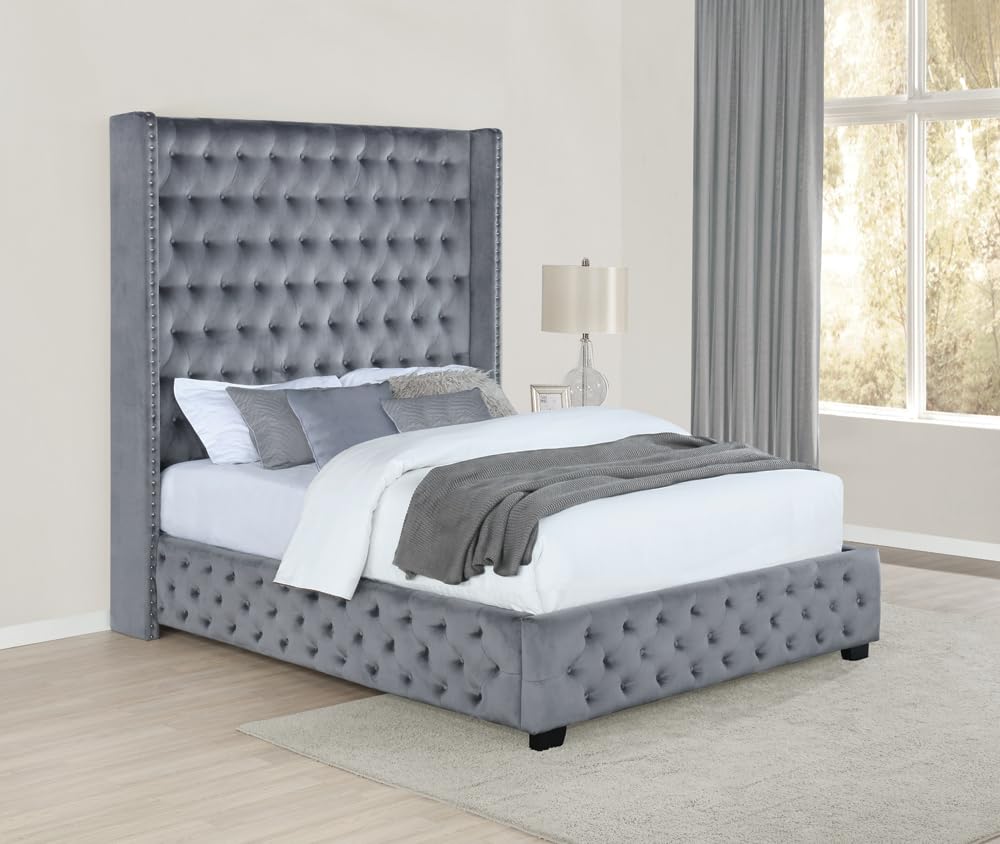 Coaster Home Furnishings Rocori Velvet Wingback Eastern King Bed Frame Grey 84-inch Headboard