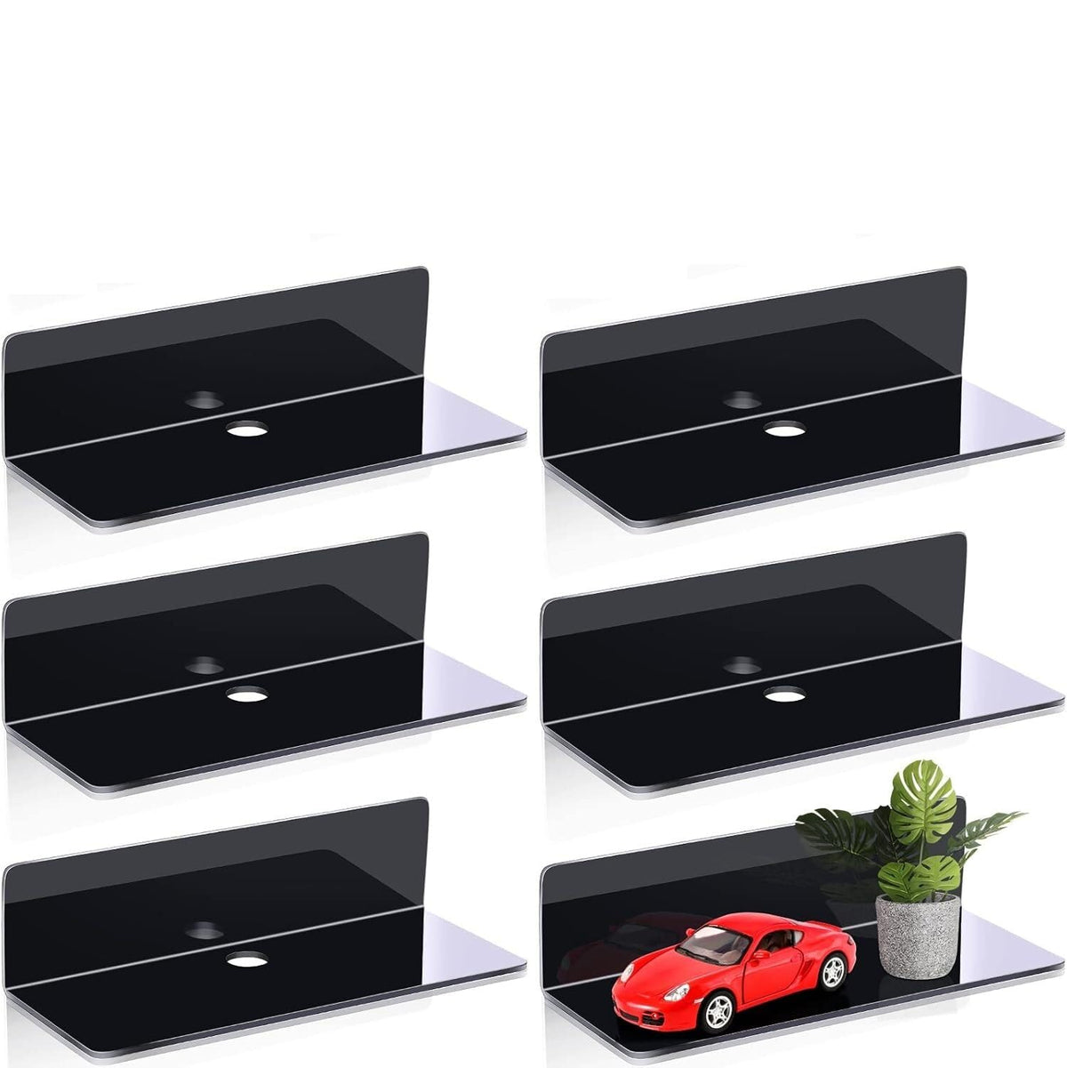 KEYOZA 6 Pcs Acrylic Floating Shelves 9 Inches Adhesive Wall Mounted Shelves No Drill Hanging Acrylic Wall Display for Living Ro