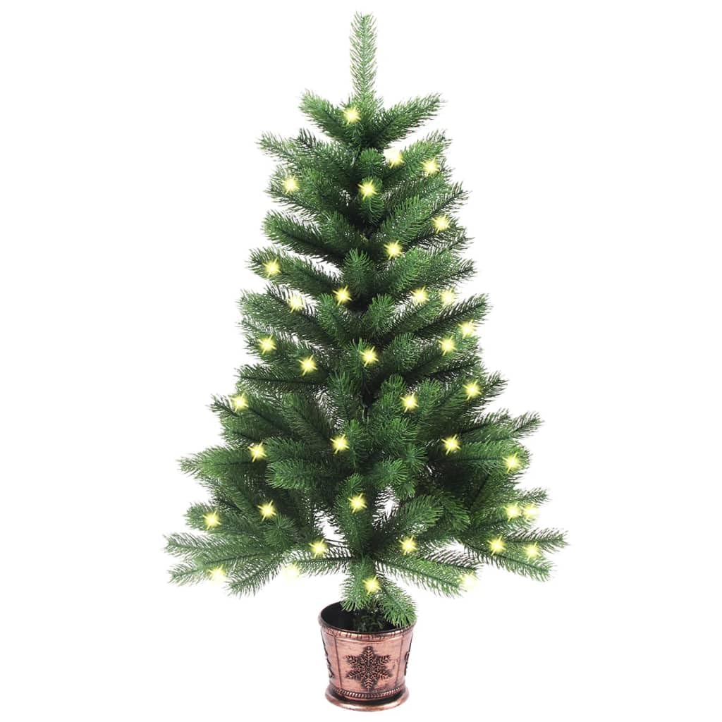 vidaXL 35.4-Inch Artificial Pre-lit Christmas Tree with USB Powered LED Lights—Lifelike Green Polyethylene Branches—Includes Pot and String Light