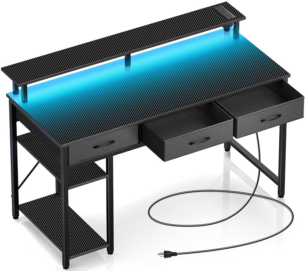 Rolanstar Computer Desk With Power Outlets & Led Light, 55 Inch Home Office Desk With 3 Drawers And Storage Shelves, Writing Desk With Monitor Stand, Modern Work Desk For Home Office, Carbon Black