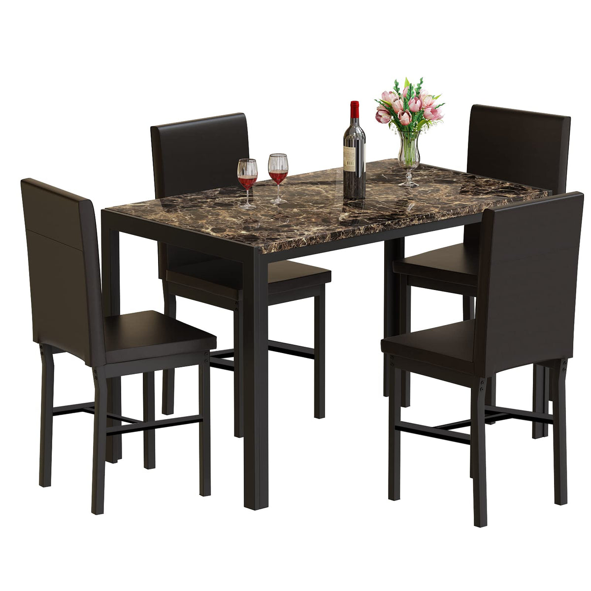 Miere Dining Table Set For 4, 5-Piece Marble Diningtableset With 4 Faux Leather Metal Frame Chairs For Kitchen, Bar, Living Room