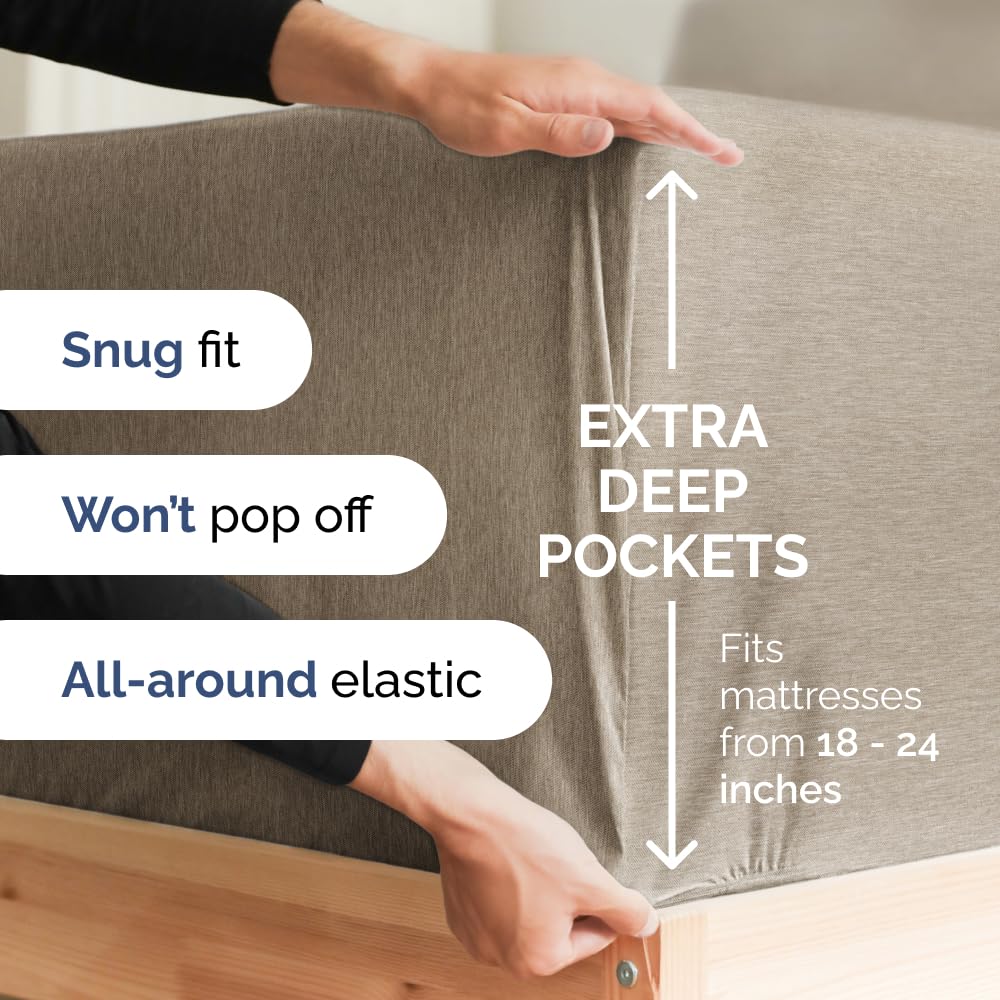 Extra Deep Pocket Cal King Sheets - 4 Piece Breathable & Cooling Bed Sheets - Hotel Luxury Bed Sheet Set - Soft, Wrinkle Free & Comfy - Easily Fits Extra Deep Mattresses - Heathered Beige Sheets Set