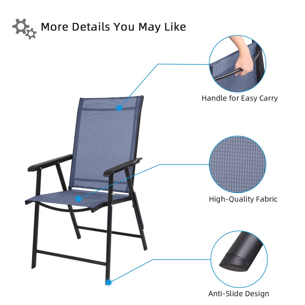 Vingli Upgraded Version Single 1 Folding Chairs With Arms, Portable Patio Chairs For Outdoor & Indoor, Sling Back Chairs For Lawn, Pool, Courtyard, Balcony & Garden (Blue)