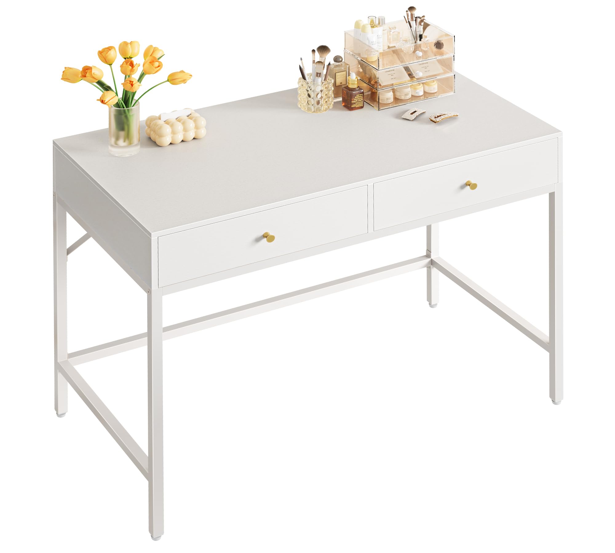 SUPERJARE 39.4 White Desk with 2 Drawers, Modern Makeup Vanity Desk, Small Computer Desk Home Office Desk for Writing Study Bedr