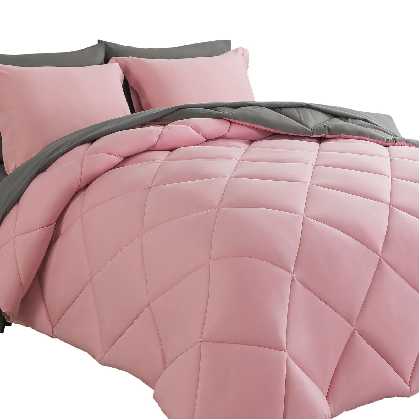 Cosybay Bed In A Bag Queen Comforter Sets 7Pcs All Season Solid Down Alternative Bedding Sets Pink And Grey With Comforter, Pill