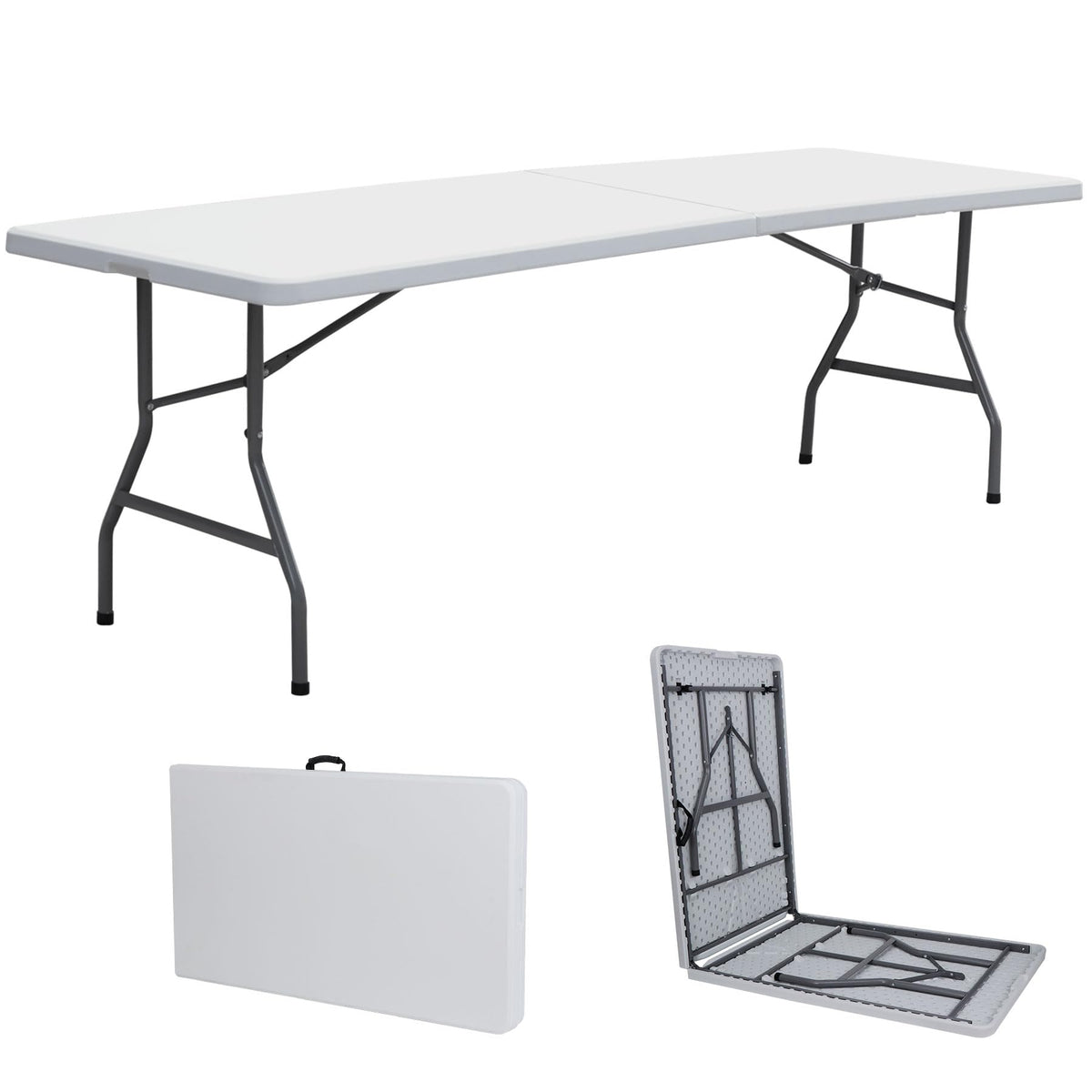 Zeny 8Ft Portable Folding Table Plastic Indoor Outdoor Picnic Party Camp Dining Table With Handle, White