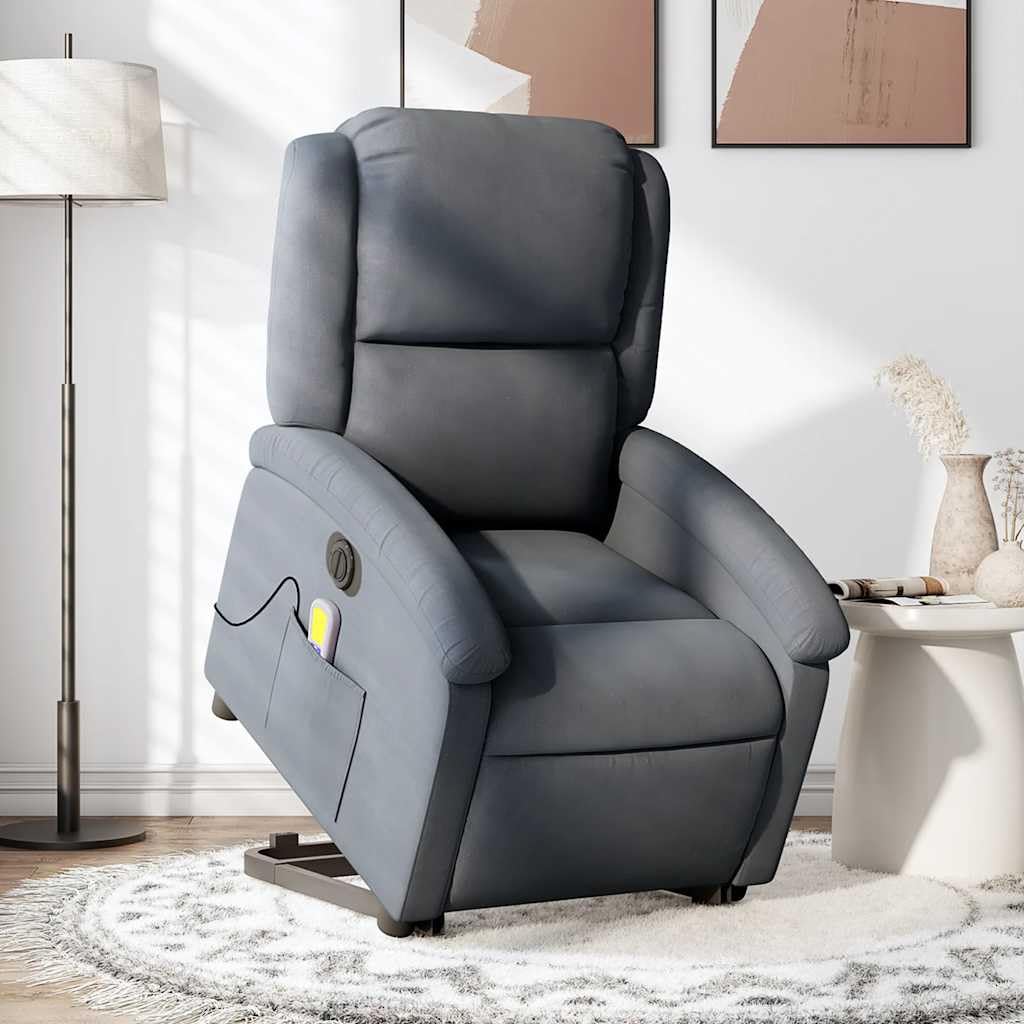 vidaXL Electric Stand-Up Dark Gray Velvet Massage Recliner Armchair with Motorized Lift and Recline, Vibration Massage, Side Pocket