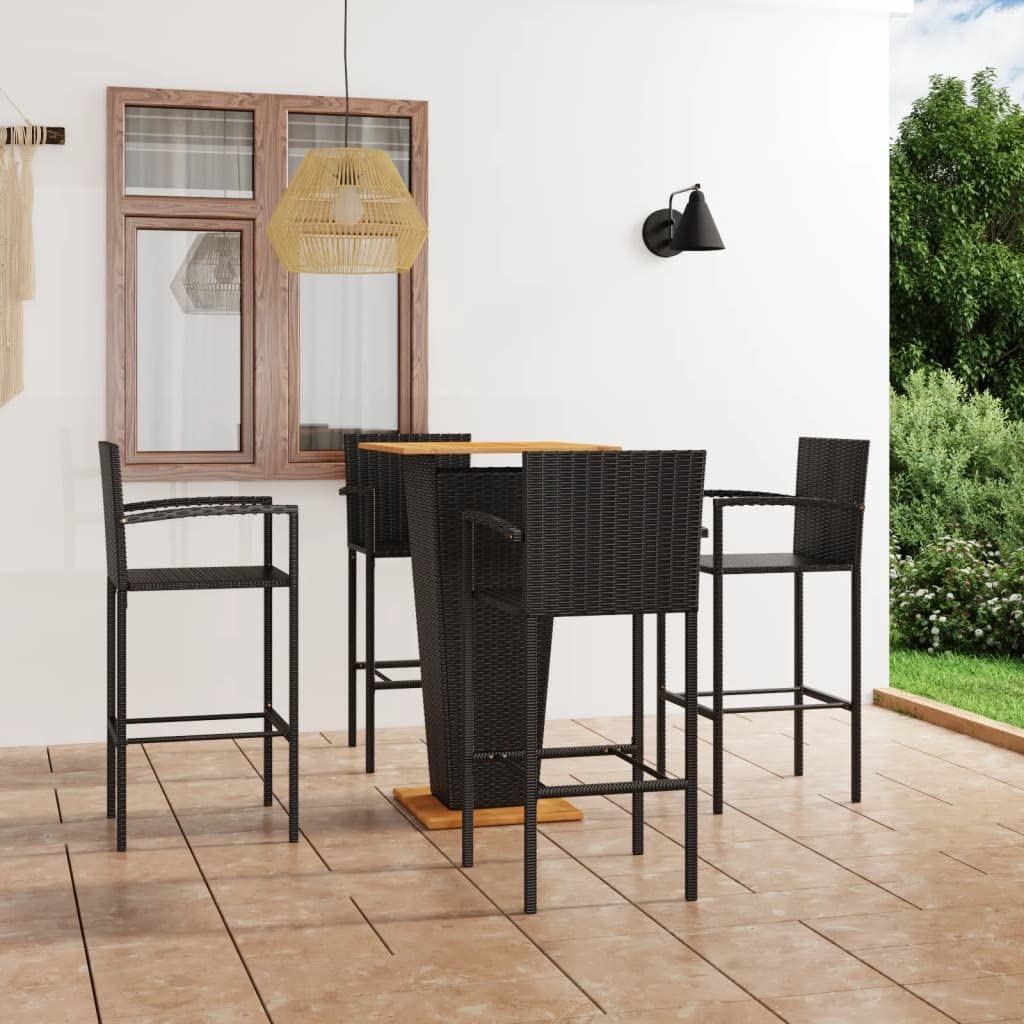 vidaXL Patio Bar Set 5 Piece Black PE Rattan with Acacia Wood Tabletop and Chairs for Garden, Patio, Terrace