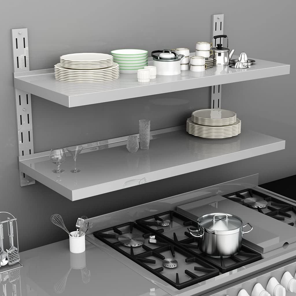 vidaXL 2-Tier Kitchen Wall Shelf Stainless Steel - 47.2&quot;x11.8&quot;, Adjustable Mounting, 88.2lbs Load Capacity, Hygienic Design, Space Saving, Durable, with Wall Mounting Brackets