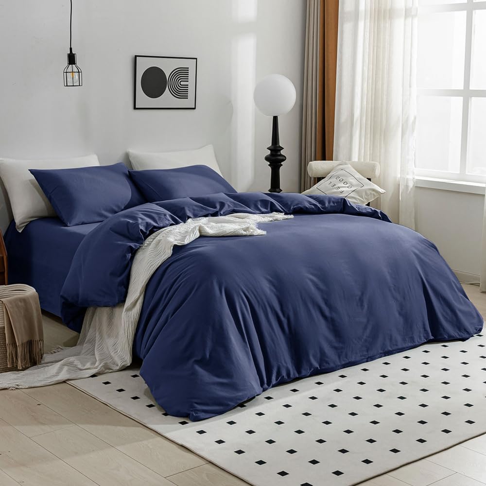 Jellymoni Cotton Duvet Cover California King - 100% Washed Cotton Linen Feel Textured Comforter Cover, 3 Pieces Soft Bedding Set