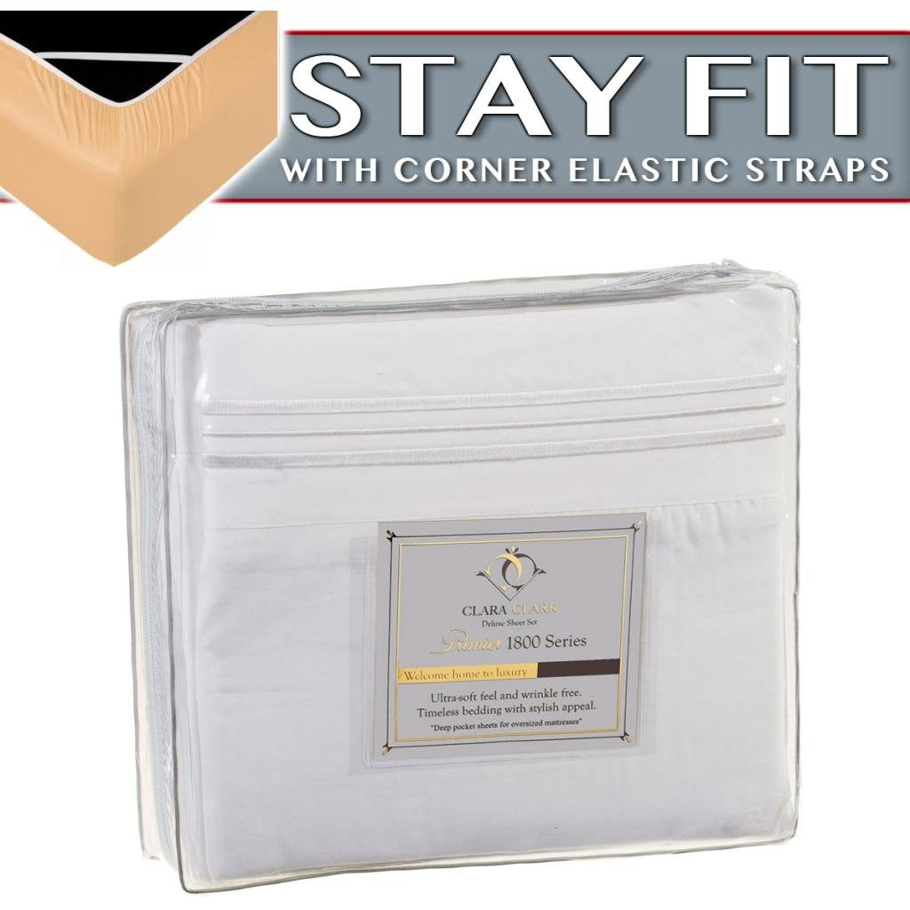 Clara Clark 1800 Series Bed Sheet Sets - Stay Fit On Mattress With Elastic Straps At Corners - Cal King Size, White