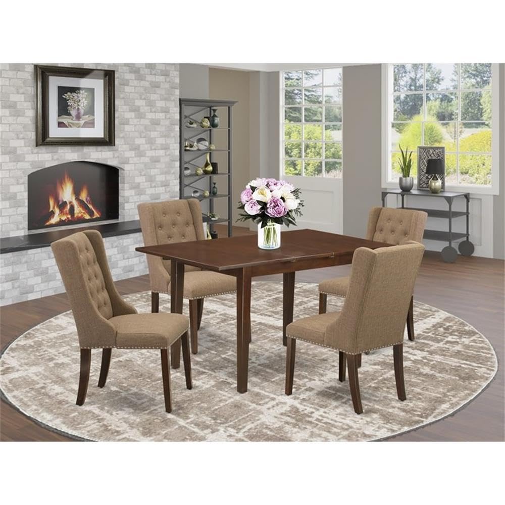 East West Furniture PSFO5-MAH-47 5 Piece Modern Dining Table Set Includes a Rectangle Wooden Table with Butterfly Leaf and 4 Light Sable Linen Fabric Parsons Chairs, 32x60 Inch, Mahogany