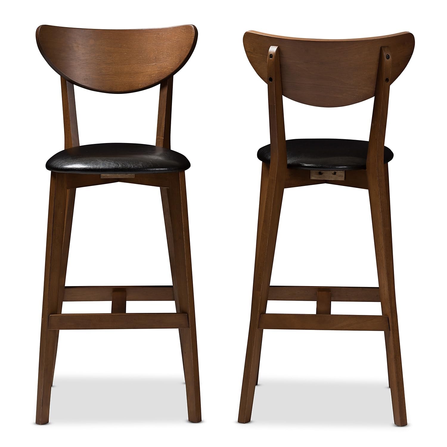 Baxton Studio Eline Mid-Century Faux Leather Bar Stool with Back, Black and Walnut Brown, 2-Pieces/Set (144-2PC-8076-HT)