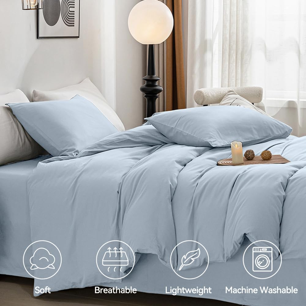 Jellymoni Light Blue Duvet Cover King Size - 100% Washed Cotton Linen Like Textured Comforter Cover, 3 Pieces Breathable Soft Be