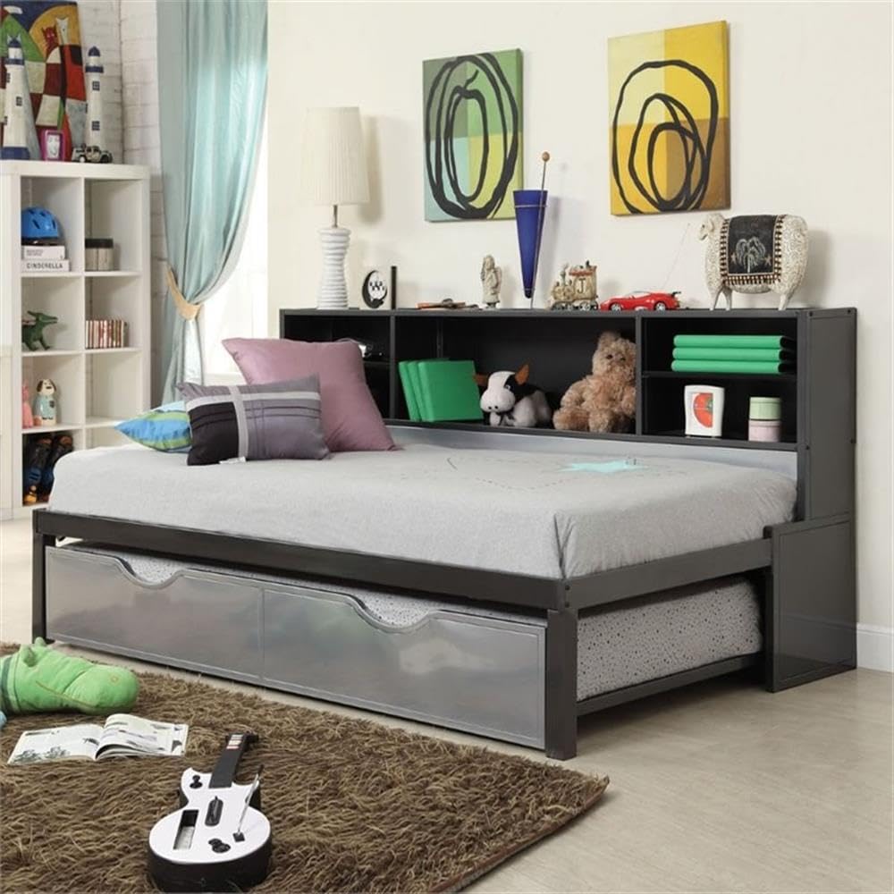Acme Renell Metal Twin Bookcase Bed With Trundle In Black And Silver